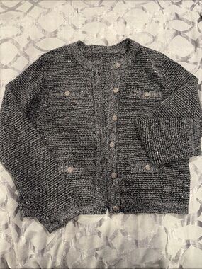 Gray Textured Knit Sequins Cardigan Sweater - Women